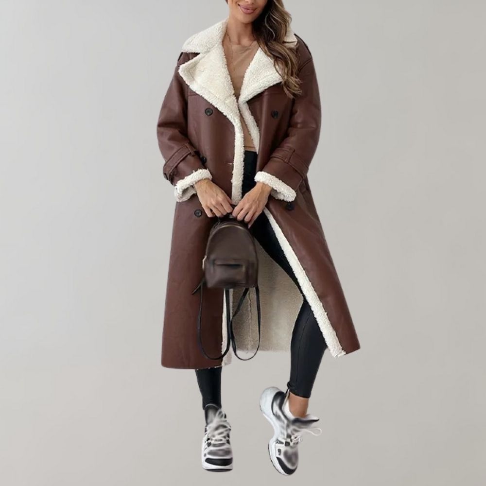 Stylish single-breasted winter coat in soft leather