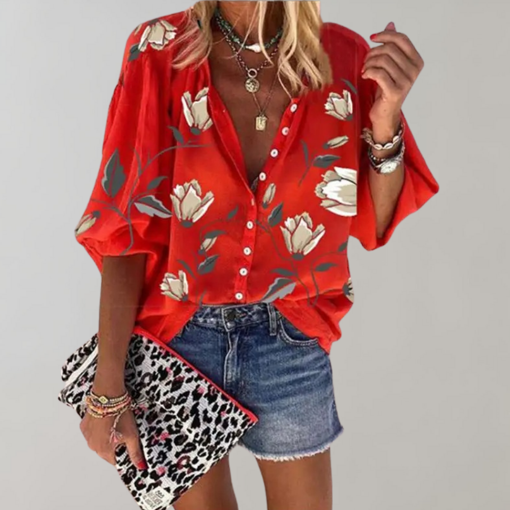 Casual women's blouse with floral pattern and buttons