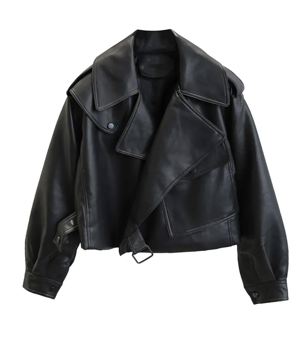 Medium-length leather coat for women