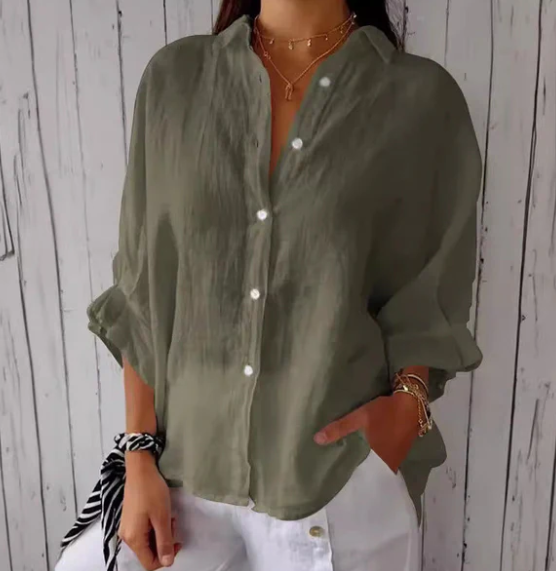 Cotton and linen blouse with button placket