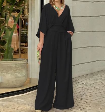 Batwing Sleeves Wide Leg Solid Colour Elegant Jumpsuit