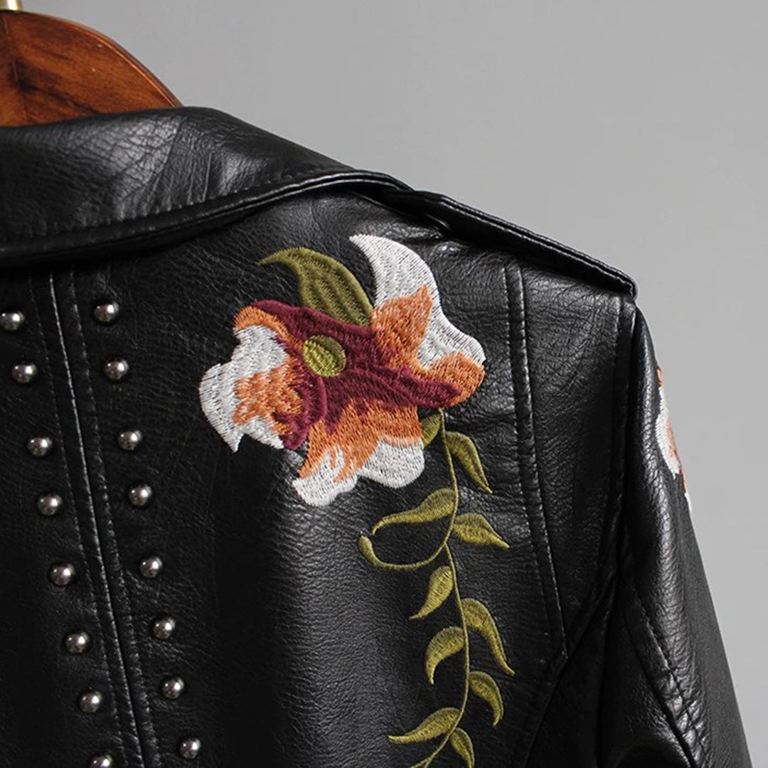 Streetwear jacket in soft leather with floral pattern