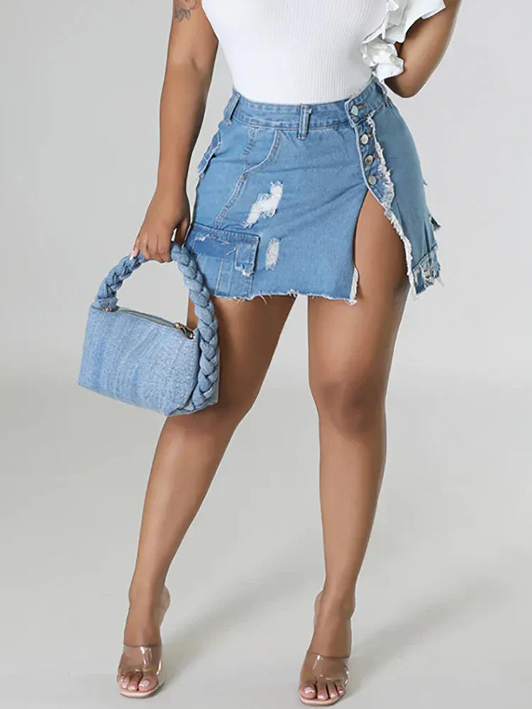 Stylish high-waist denim skirt