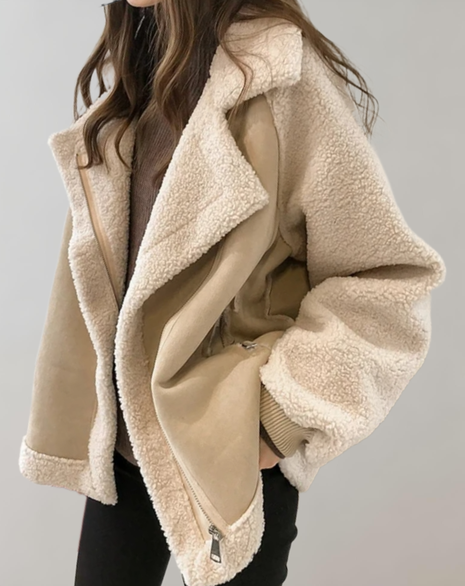 Emma - Nice fitting semi thick faux winter coat with side pockets and large collars