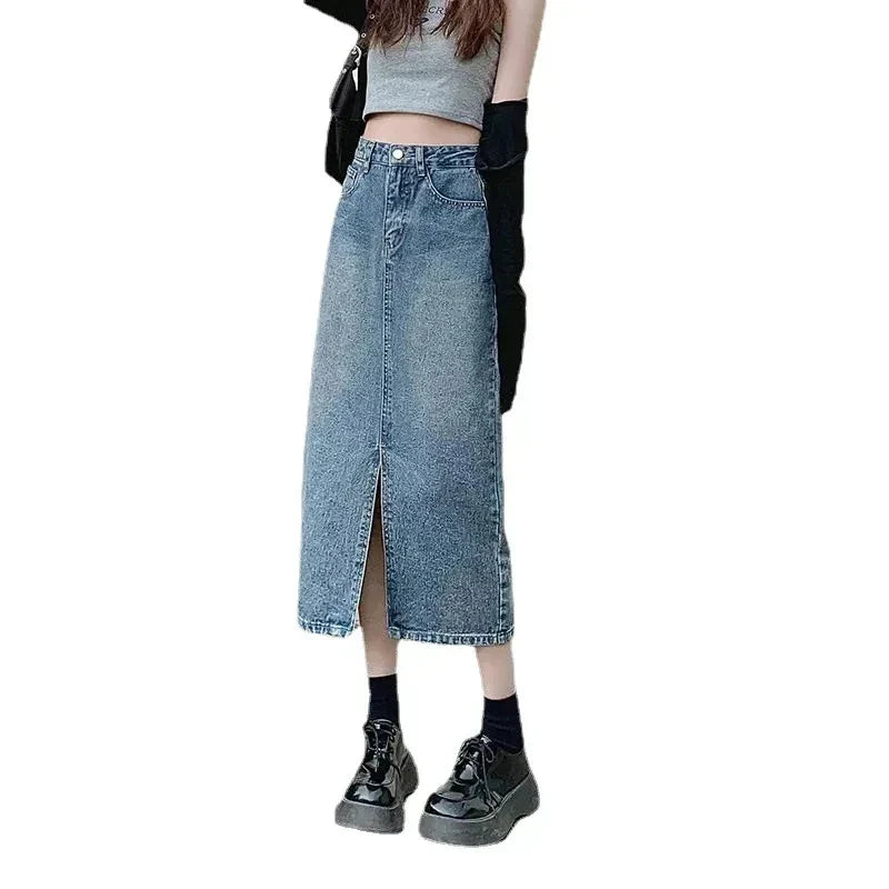 Midi length women's denim skirt with leg slit