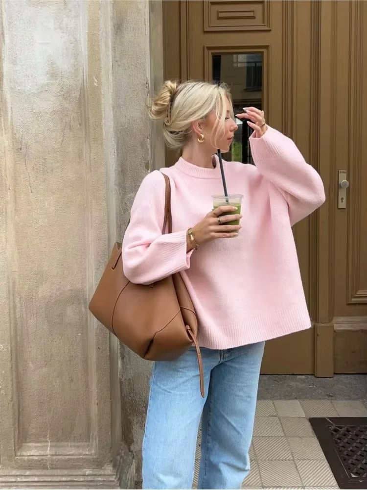 Pink Knit Crew Neck Sweater