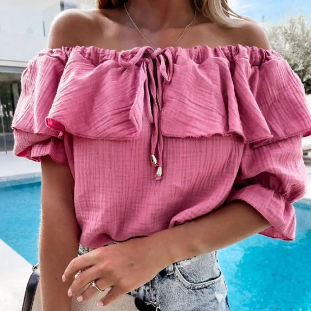 Women's off-the-shoulder frill blouse with lacing and tie ribbon