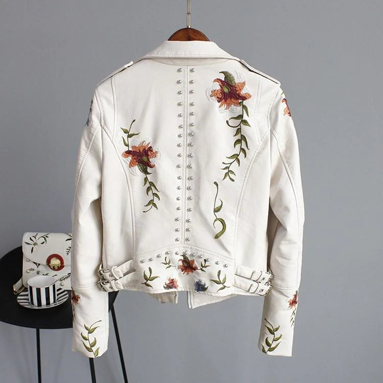 Black vegan leather jacket with floral embroidery for women