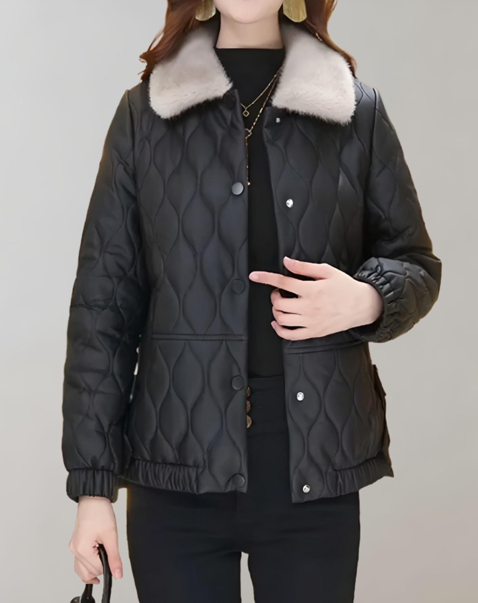 Nora - Black chunky winter coat with embossed pattern and fake fabric collars