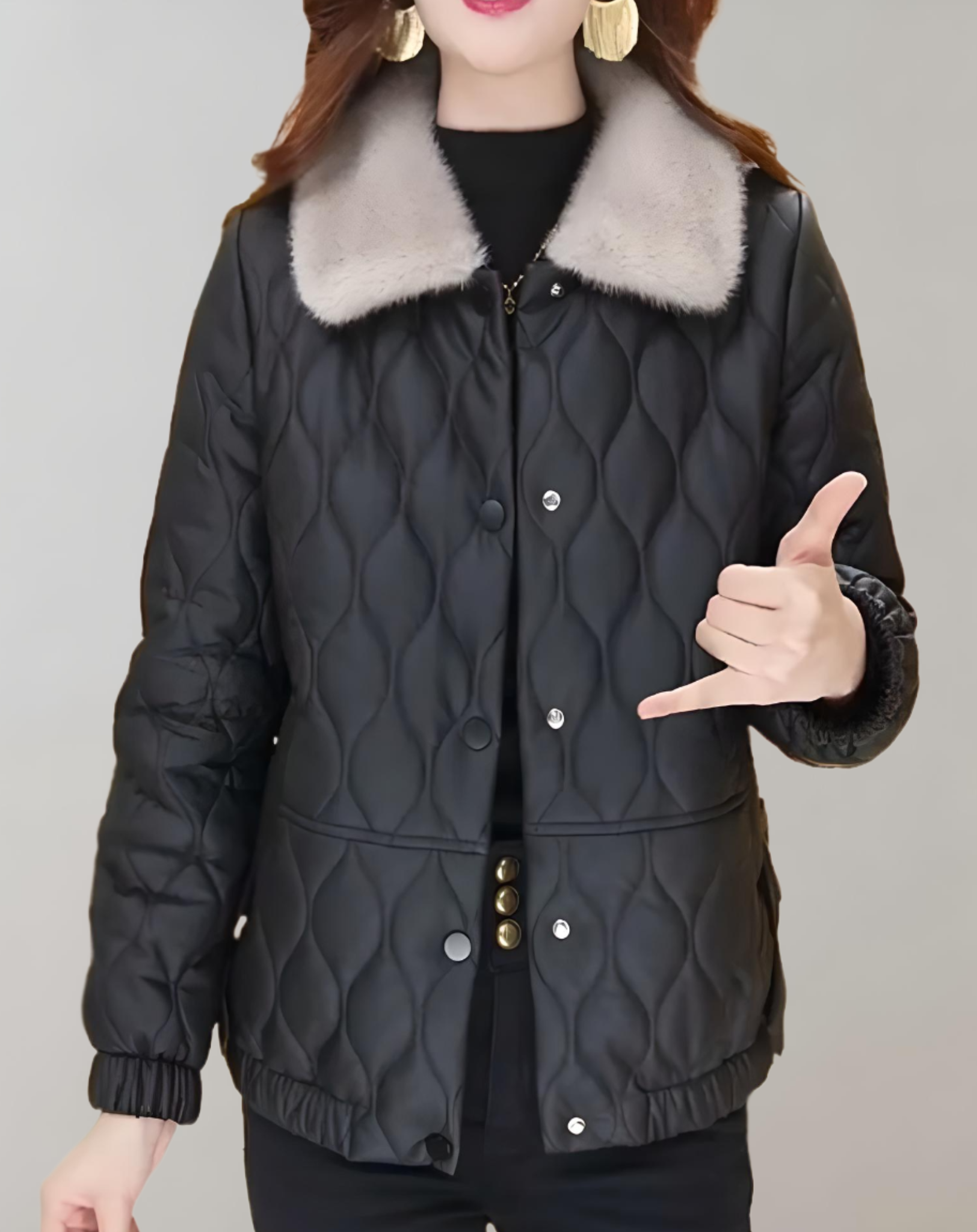 Nora - Black chunky winter coat with embossed pattern and fake fabric collars