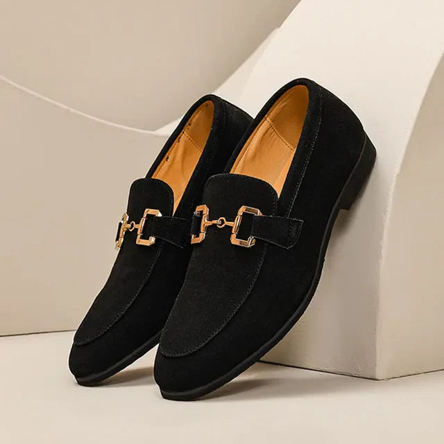 Suede loafer with metal buckle detail