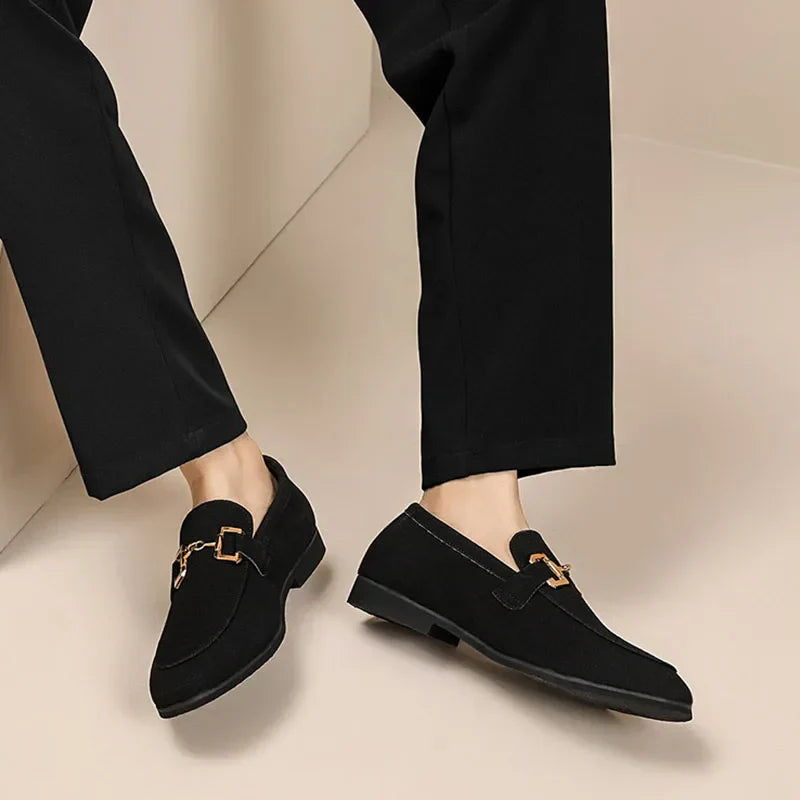 Suede loafer with metal buckle detail