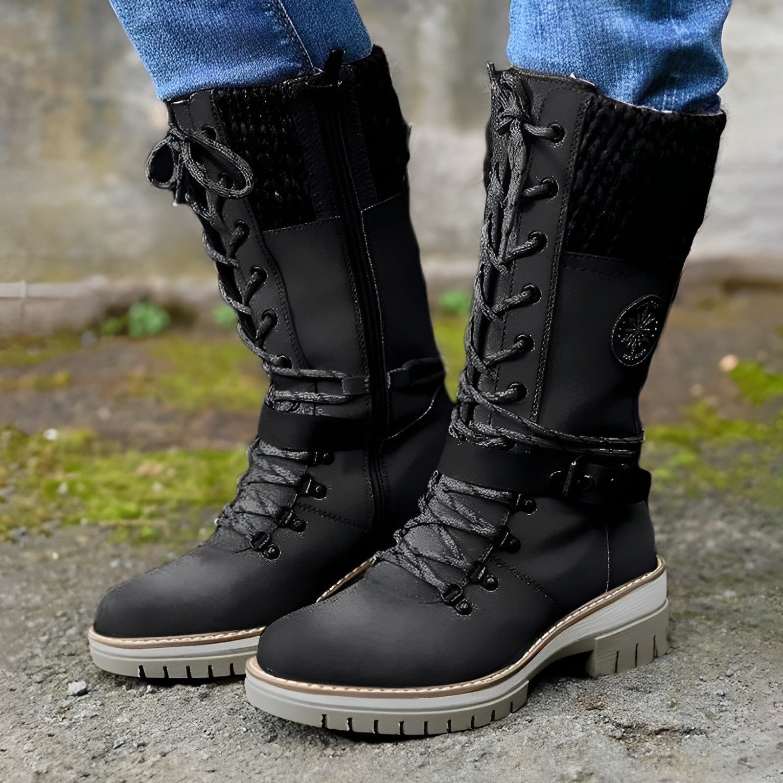 Deluxe Buckle Lace Mid High Boots