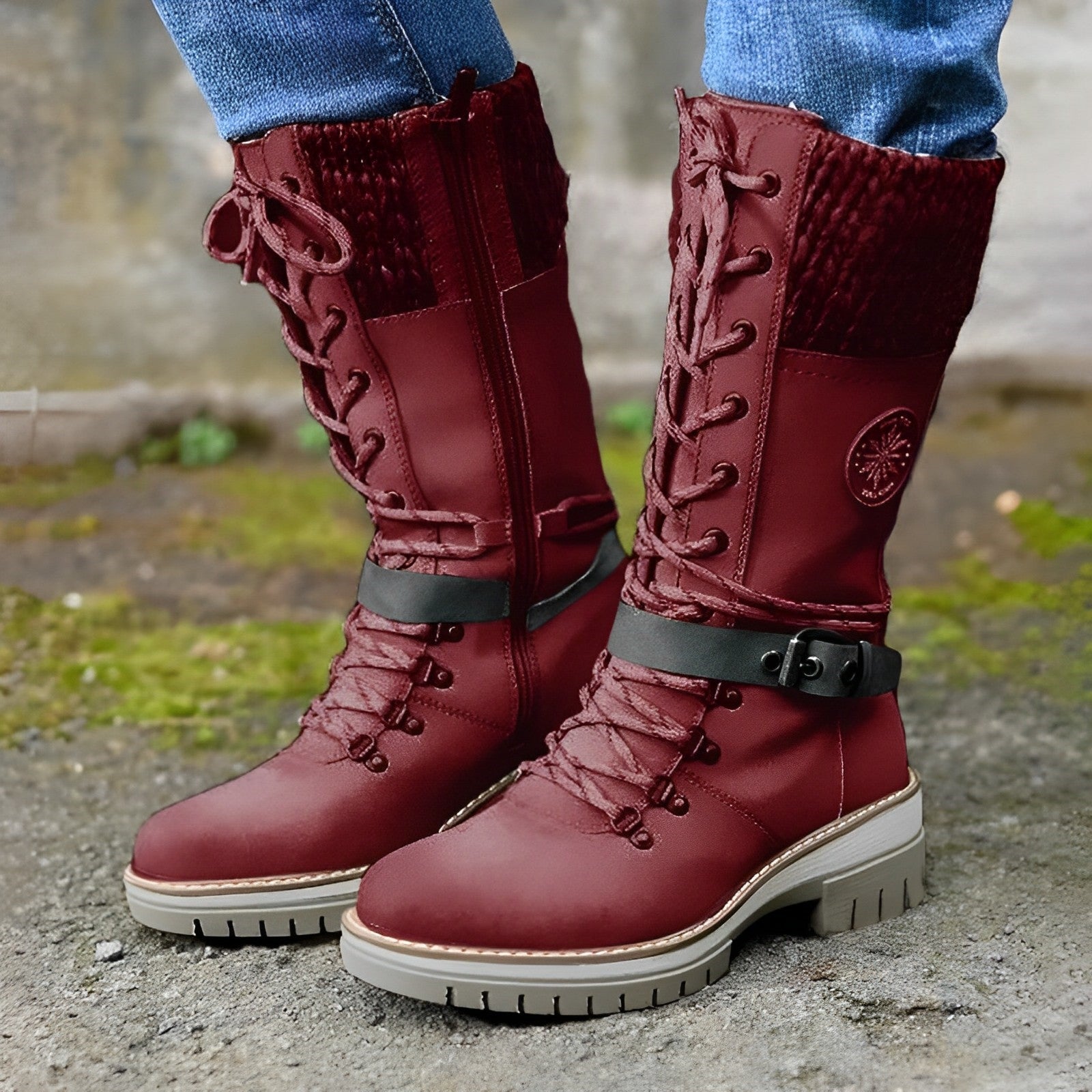 Deluxe Buckle Lace Mid High Boots