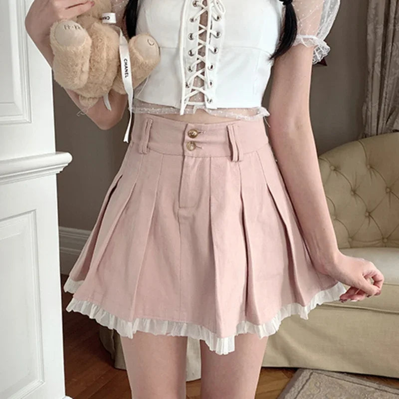 Dainty pleated skirt in Lolita style with lace trim