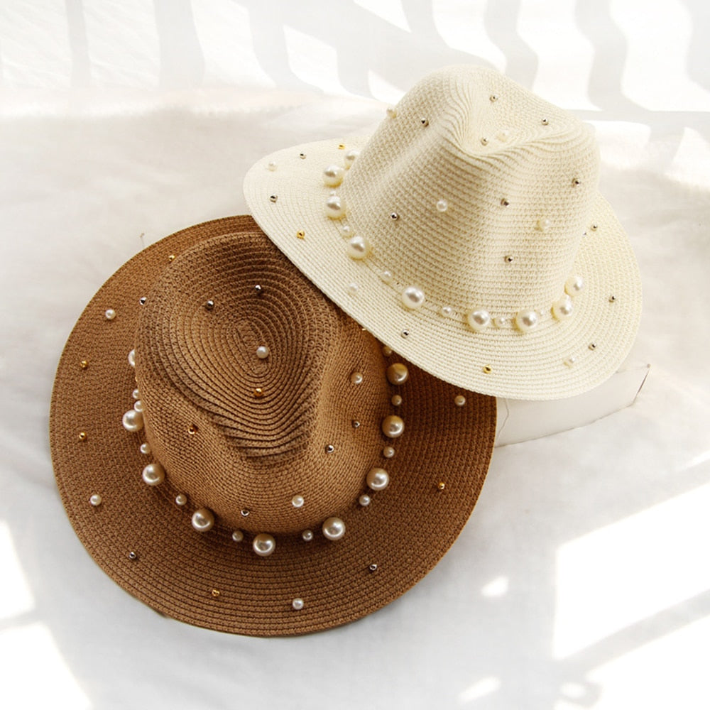 Elegant sun hat with pearl embellishments