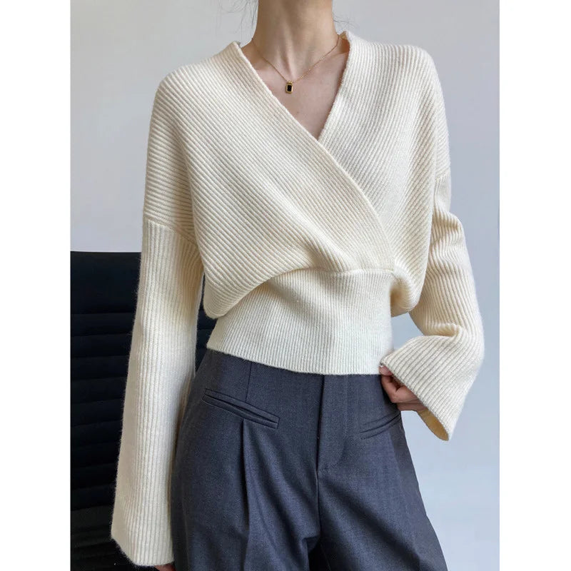 Crossed V-Neck Wrap Knitted Sweater