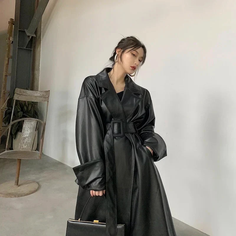 Oversized leather trench coat