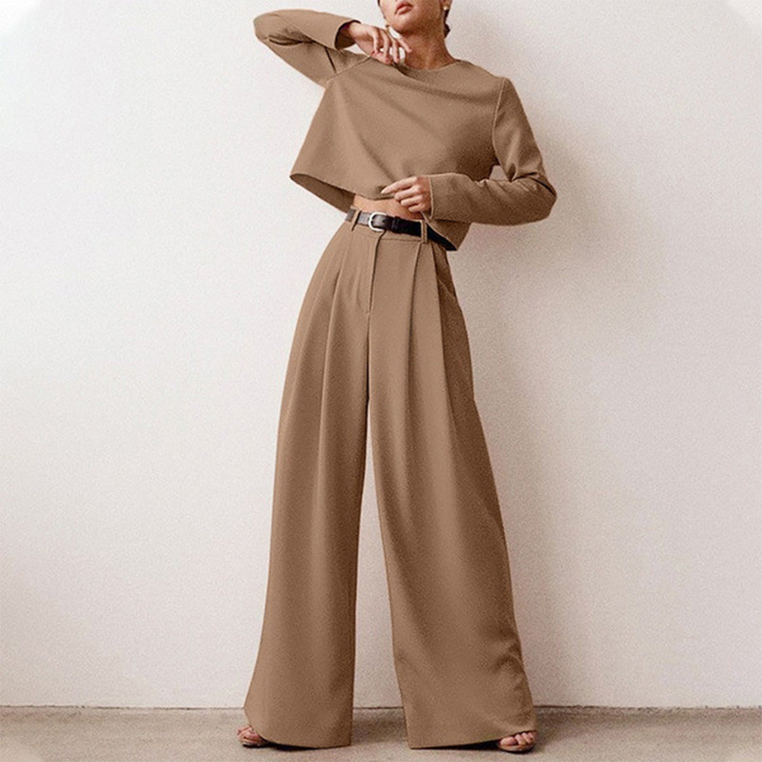 Cropped Long Sleeve and Wide Leg Pants Set