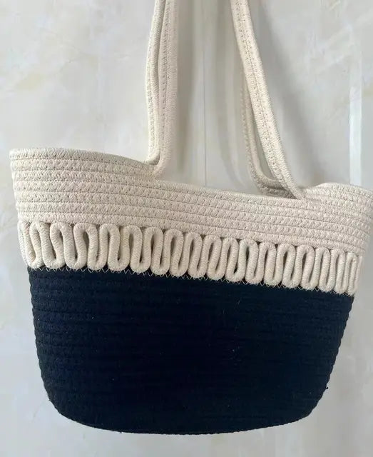 Ladies shoulder bag with large capacity handmade from knitted kit fabric and straw