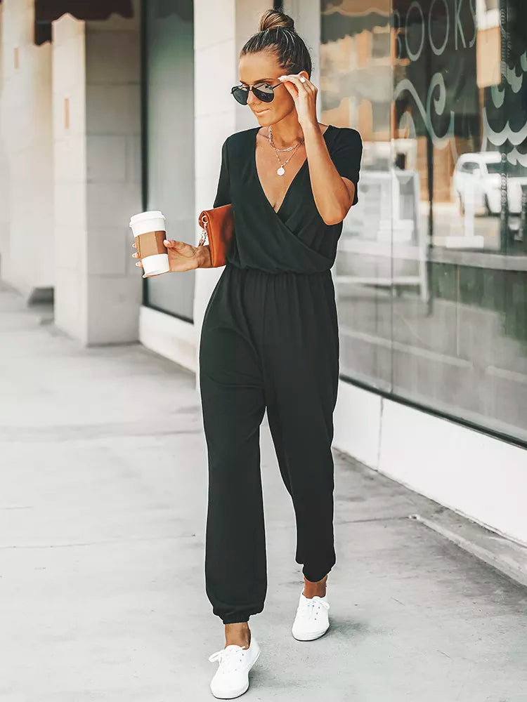 Short-sleeved jumpsuit with V-neckline