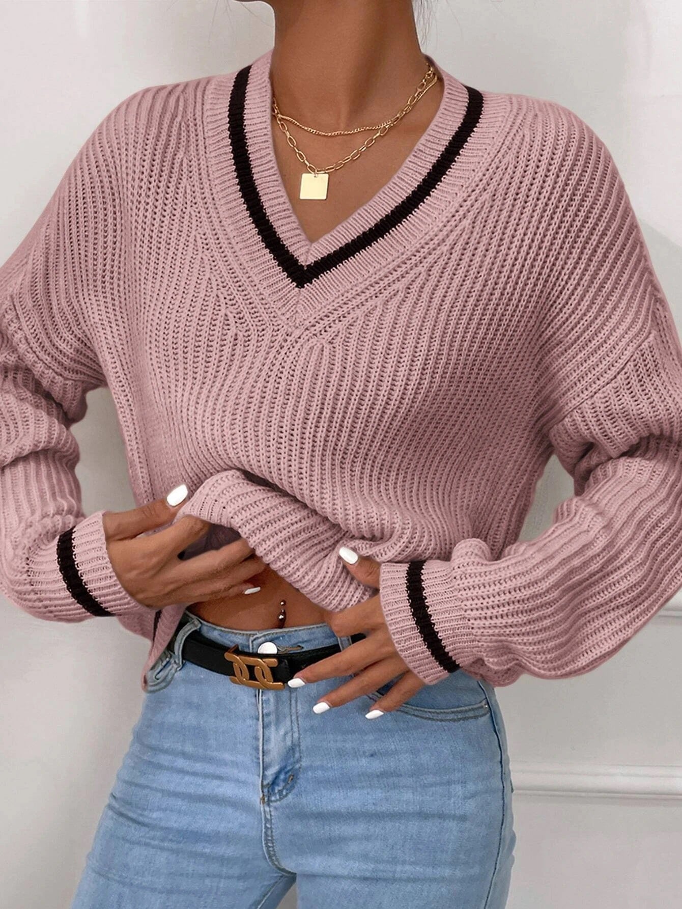 Sweater with patchwork V-neck