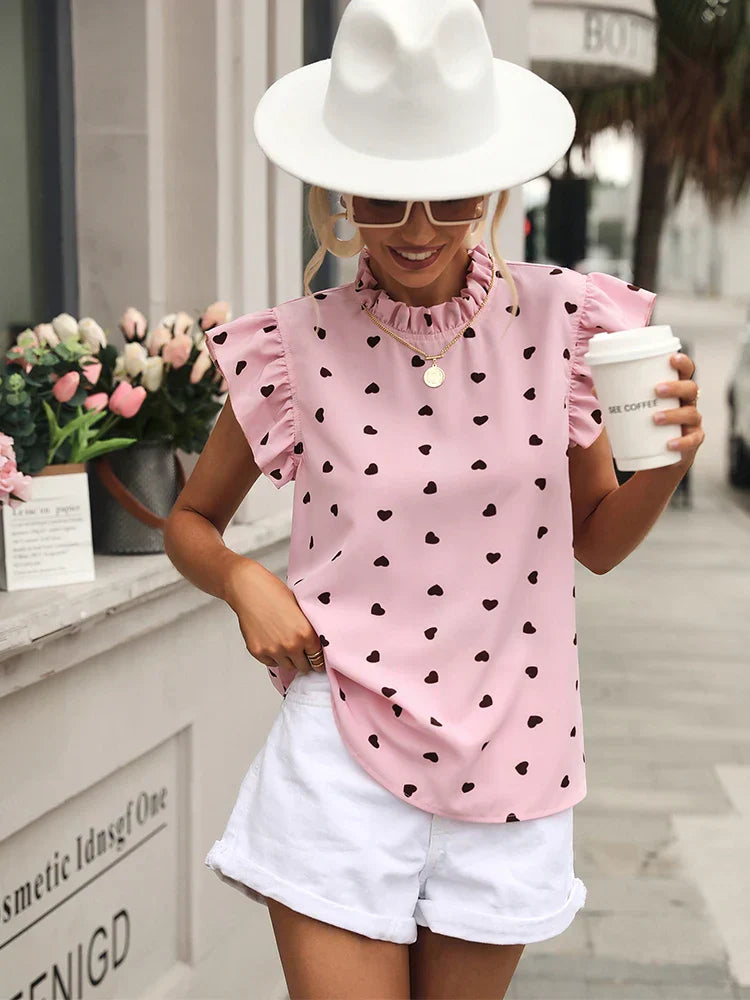 Chiffon blouse with frills and short sleeves