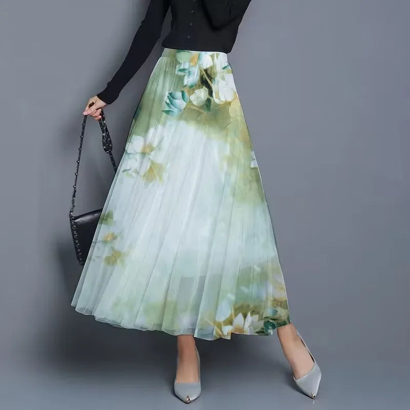 Fashionable long chiffon skirt with floral pattern