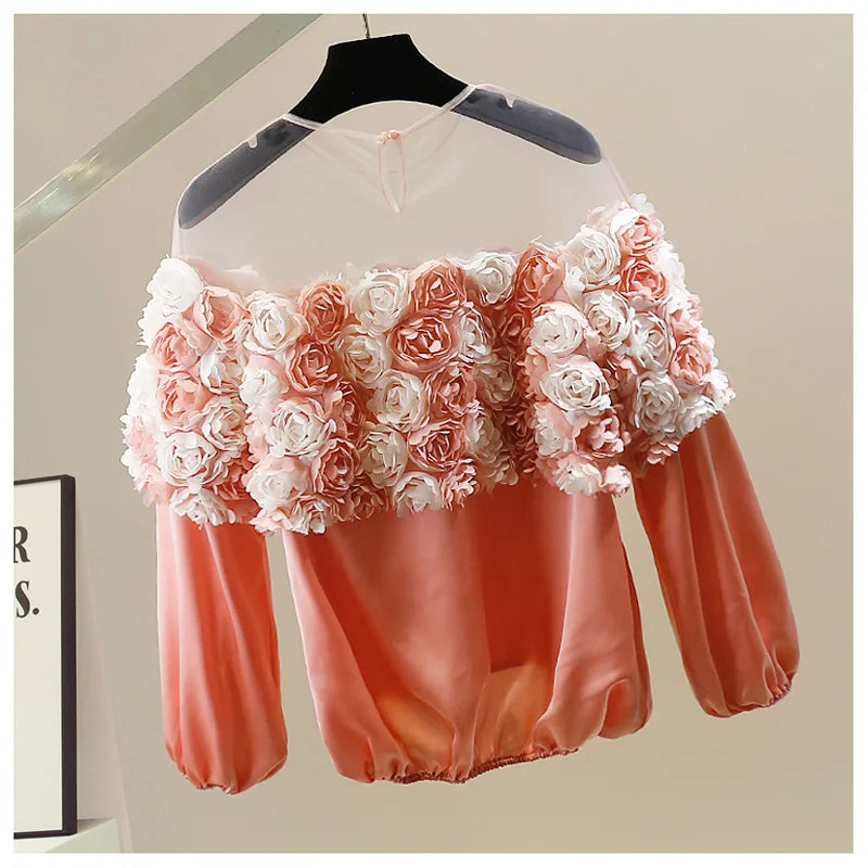 Blouse with 3D floral roses