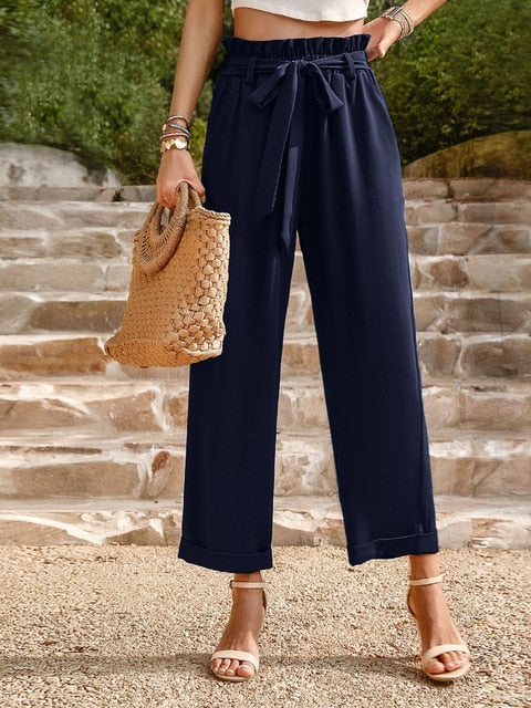 Full-length trousers with high waist and drawstring