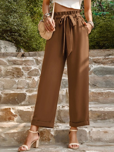 Full-length trousers with high waist and drawstring