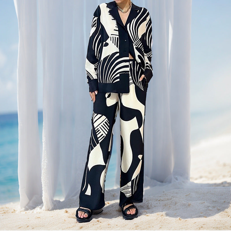 Elegant trendy printed long sleeve and trouser set