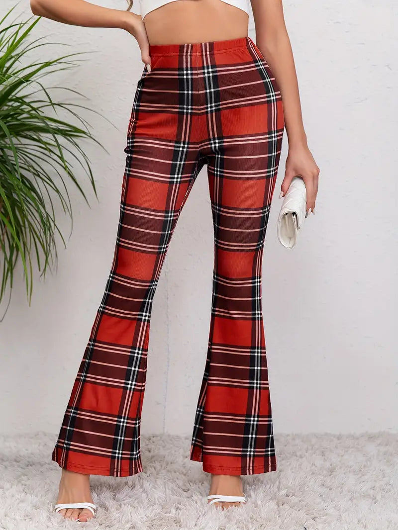 Flared Casual Stretch Fabric Trousers With Plaid