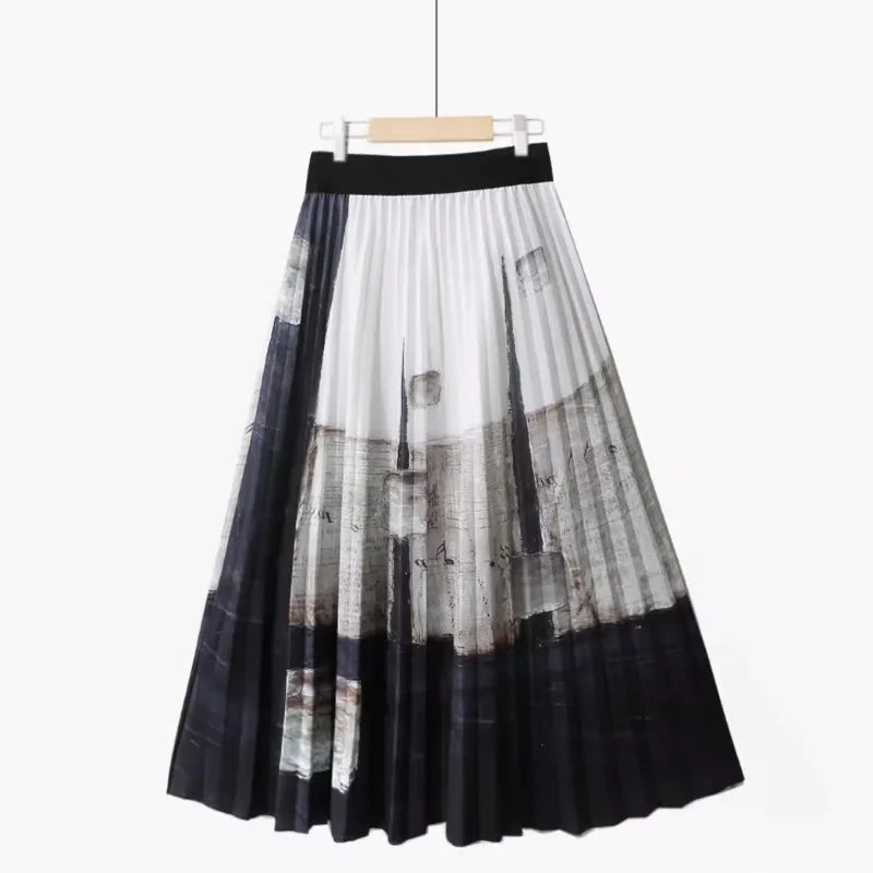 Retro cute printed long pleated skirt