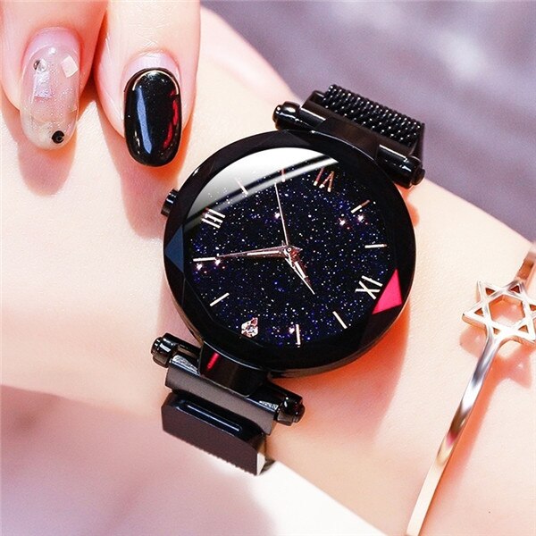 Ladies Fashion Starry Sky Watches Magnetic Buckle Mesh Bracelet Diamond Quartz Watch Ladies Dress Watch