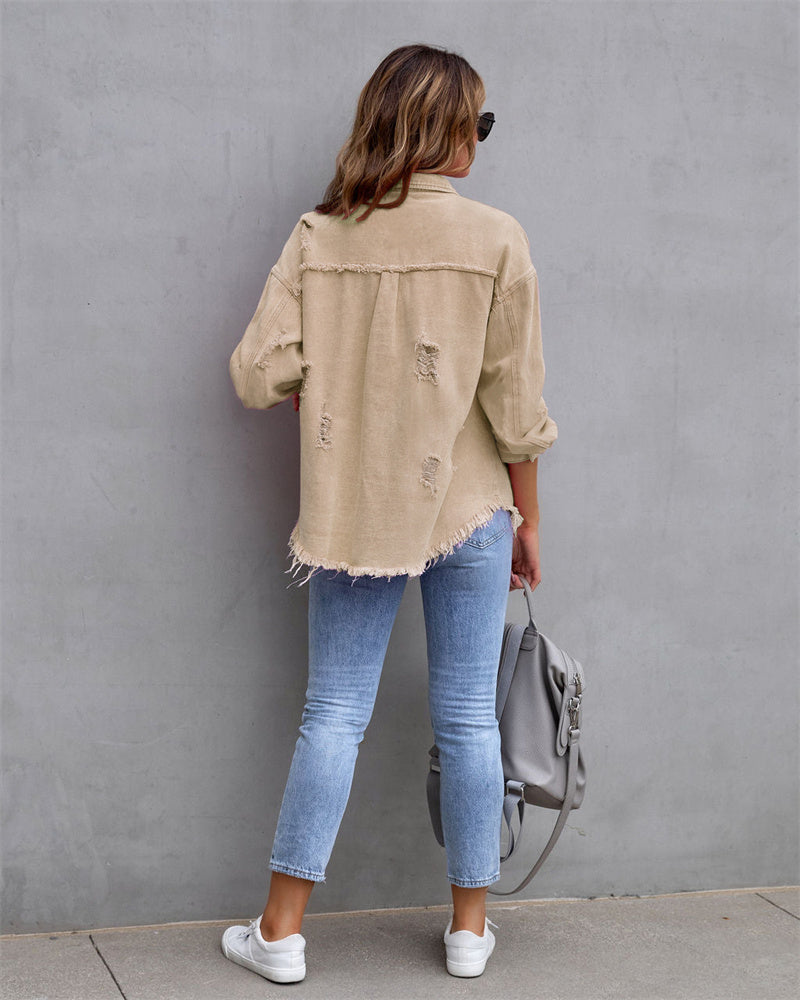 Women's denim jacket - Casual shirt-style denim coat with holes: Stylish women's outerwear