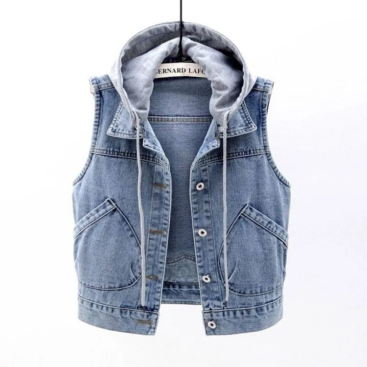 Denim waistcoat with hood and breast pockets