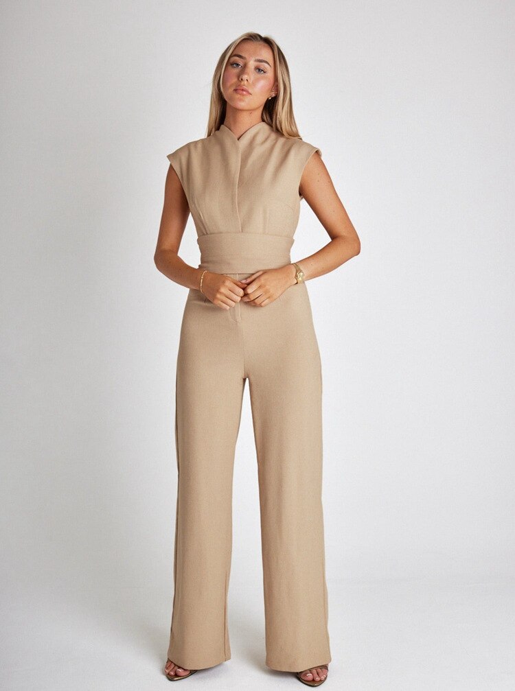 Chic jumpsuit - V-neck, tight belt, wide bodycon leg