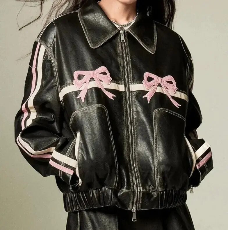 Leather jacket with bow detail