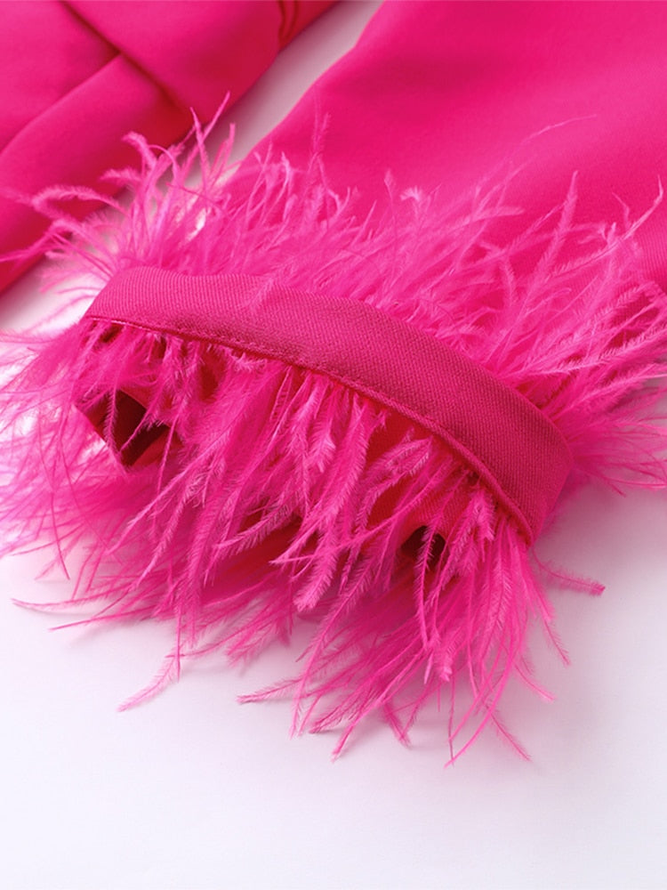 Blazer with turned-up collar and feathers in pink colour