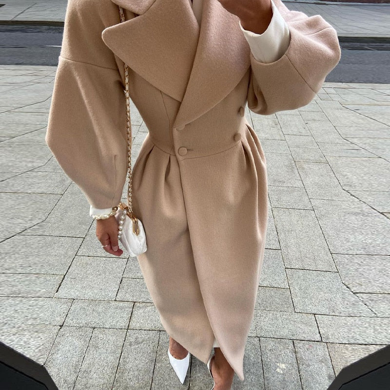 Double-breasted oversized ladies coat with collar