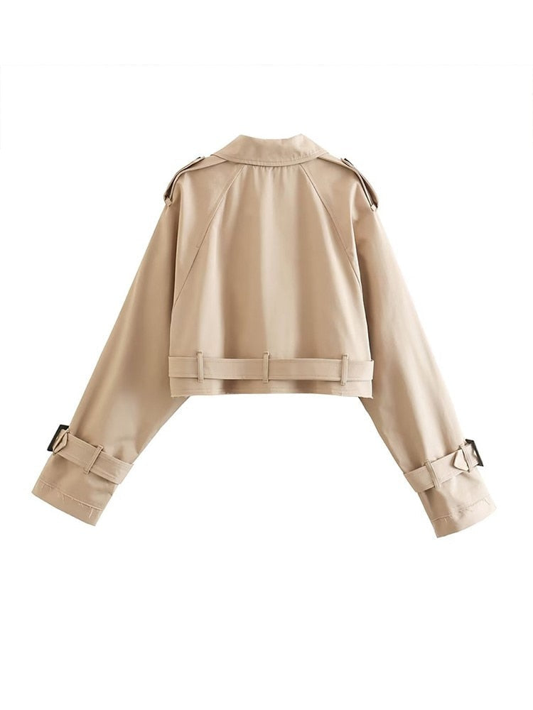 Classic khaki short coat - women's long-sleeved cropped jacket with a chic design