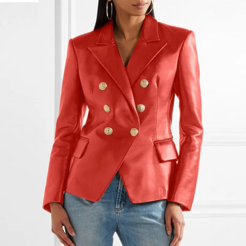 Tailored leather blazer with double button placket