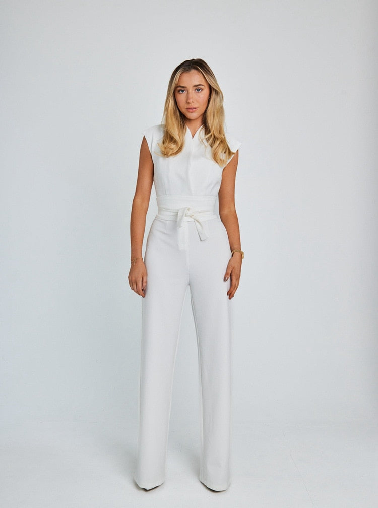 Chic jumpsuit - V-neck, tight belt, wide bodycon leg