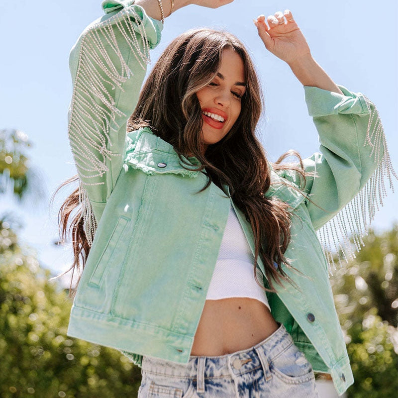 Denim jacket with glitter fringes