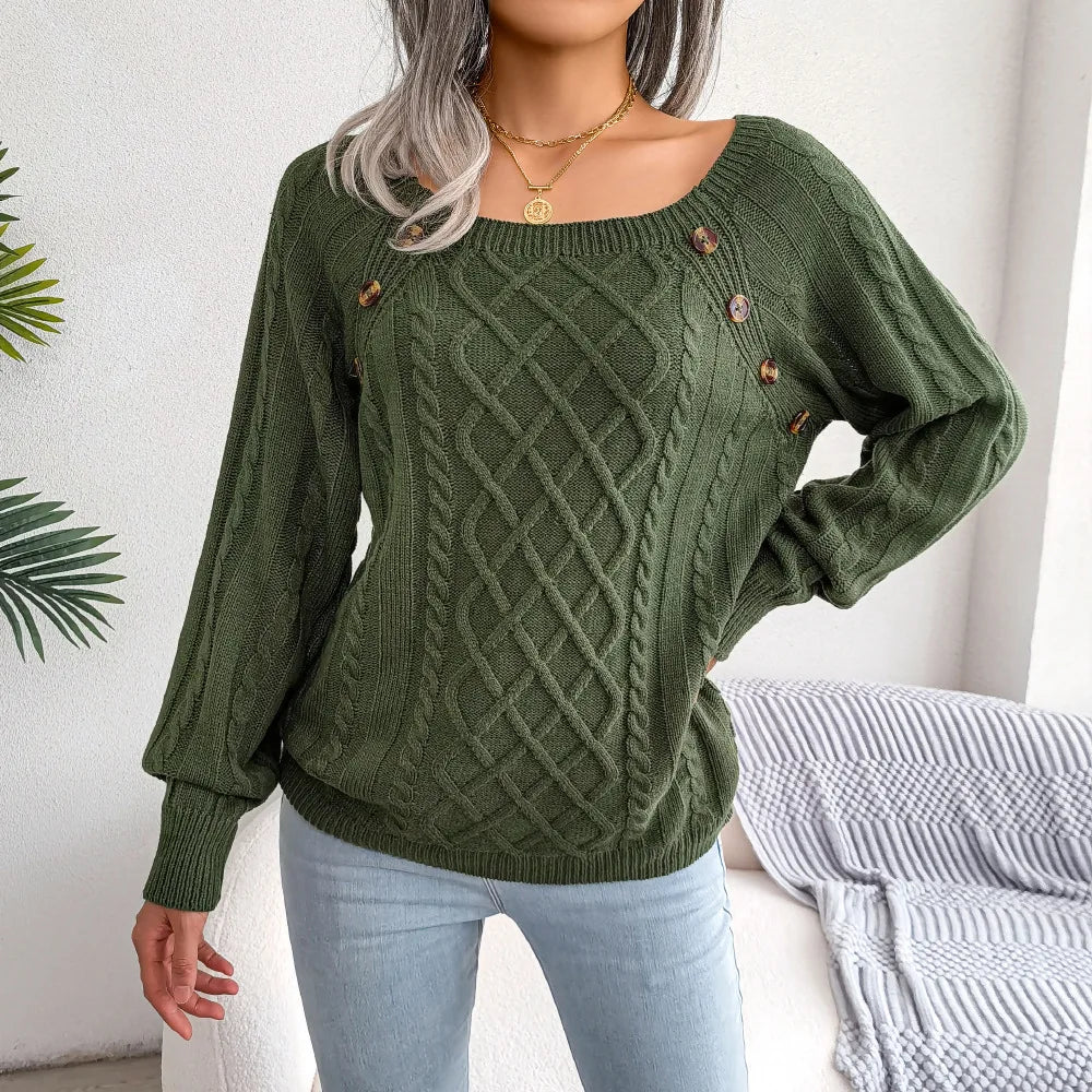 Naomi™ - Oval Neck Sweater with Decorative Buttons