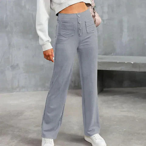 Elasticated high-waisted casual trousers for women