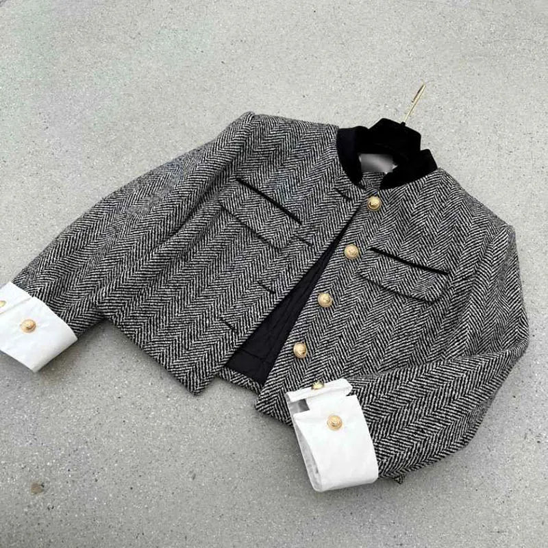 Checked jacket with metal buttons