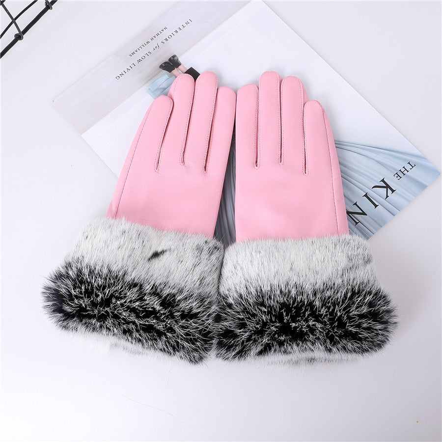 Genuine lamb leather gloves with rabbit fur cuffs | Ladies leather gloves