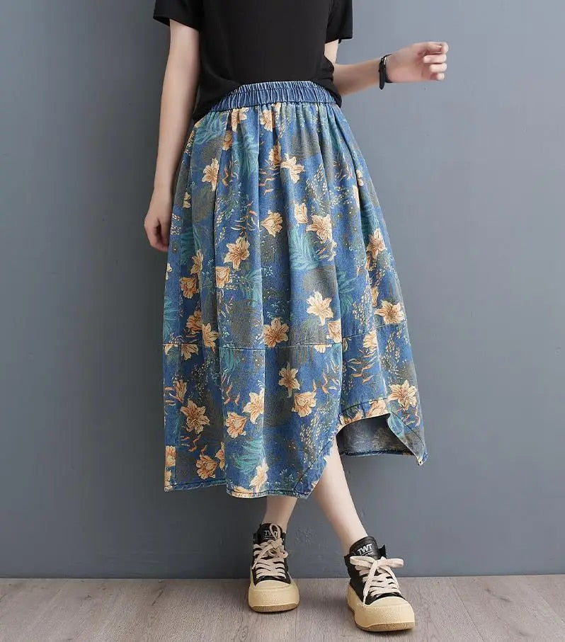 Retro printed floral denim skirt